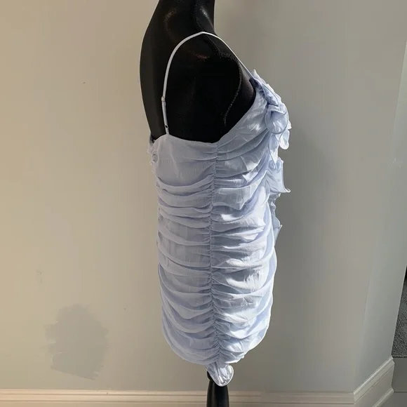 Blue Blush Powder Blue Frilly Ruffle Asymmetric Chiffon Bodycon Mini Dress L - Picture 2 of 6